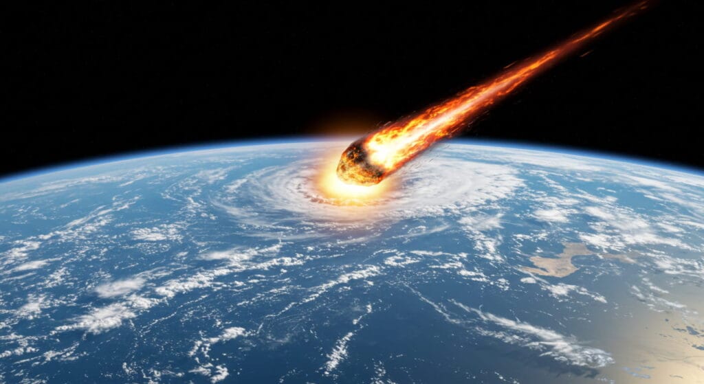 Misterios que la ciencia aún no puede resolver 3 Imagen impactante de asteroide entrando en la atmósfera terrestre: vista desde el espacio del meteorito ardiente con estela naranja y explosión al impactar. Fotografía de desastre natural, astronomía y peligro espacial. Ideal para noticias sobre ciencia y el universo.