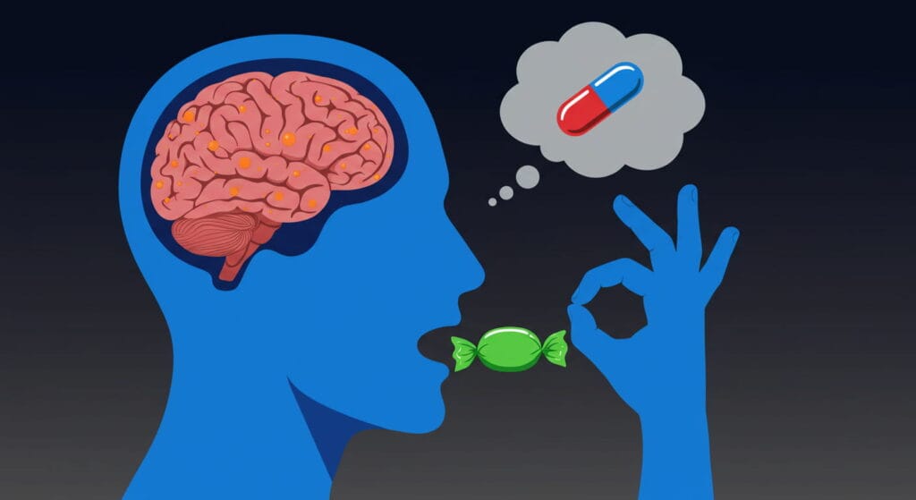 Misterios que la ciencia aún no puede resolver 2 Ilustración conceptual de salud mental: cabeza azul con cerebro naranja, persona comiendo caramelo verde pensando en pastilla azul y roja. Representación gráfica de tratamiento médico, bienestar y medicación. Imagen para artículos sobre salud y psicología.