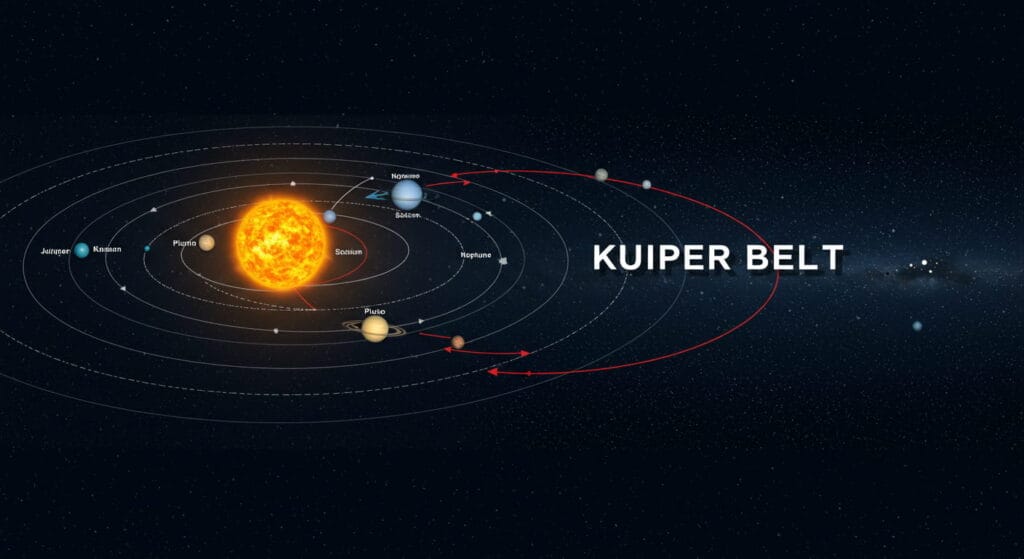 Misterios que la ciencia aún no puede resolver 5 Diagrama del Sistema Solar mostrando el Cinturón de Kuiper: Ilustración educativa con órbitas de planetas como Júpiter, Saturno, Urano, Neptuno y la órbita de Plutón dentro del Cinturón de Kuiper. Imagen de astronomía y ciencia para explicar la estructura del sistema solar.