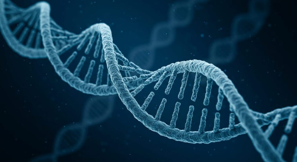 Misterios que la ciencia aún no puede resolver 6 Representación 3D de la estructura del ADN: Imagen de doble hélice de ADN en azul sobre fondo oscuro. Ilustración de biología, genética y ciencia. Ideal para artículos sobre investigación médica y biotecnología.