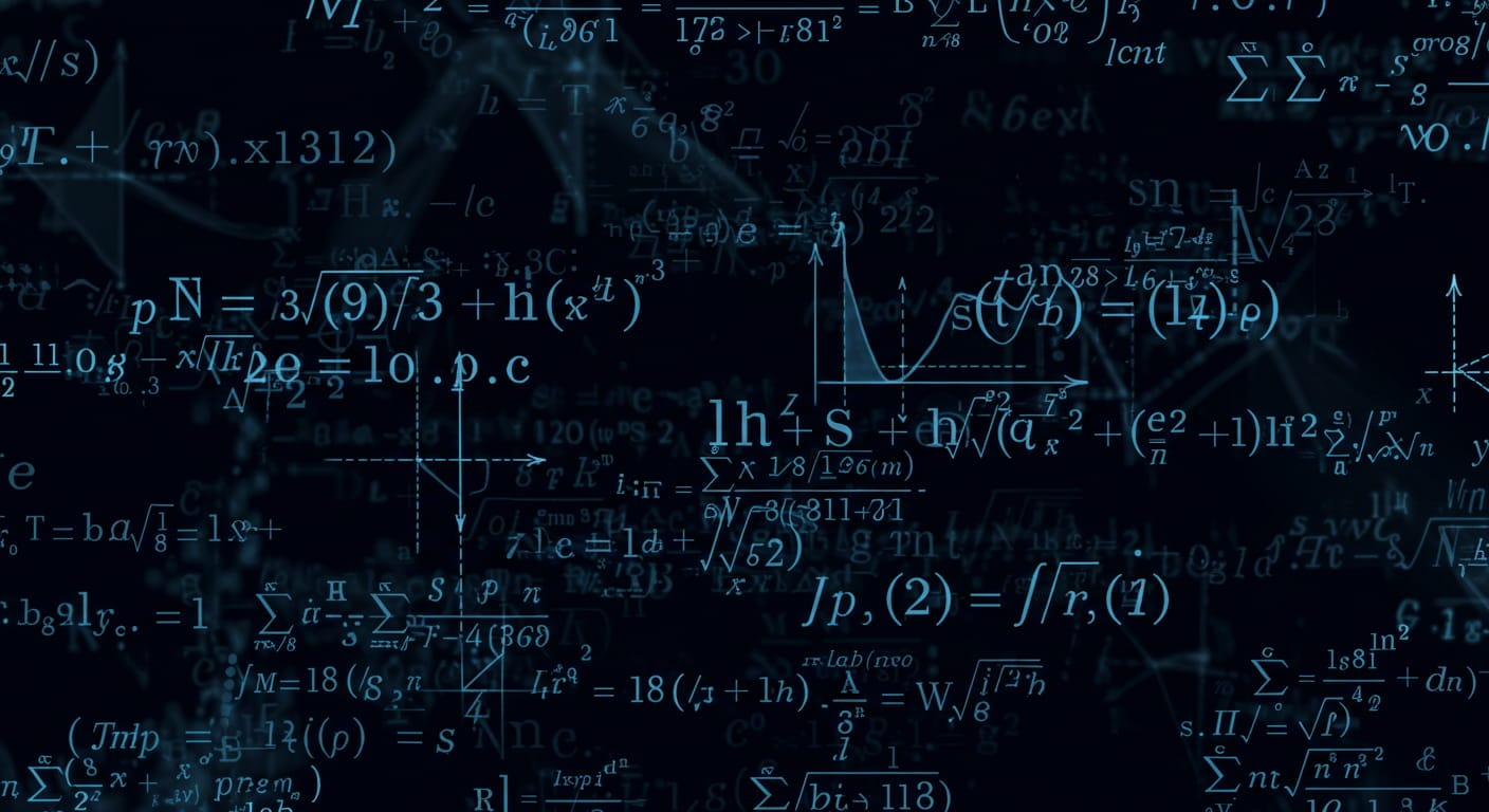 Fondo abstracto de ecuaciones matemáticas: Imagen con fórmulas, gráficos y símbolos matemáticos en azul sobre negro. Representación de ciencia, cálculo y aprendizaje. Ideal para artículos sobre matemáticas, física e ingeniería.
