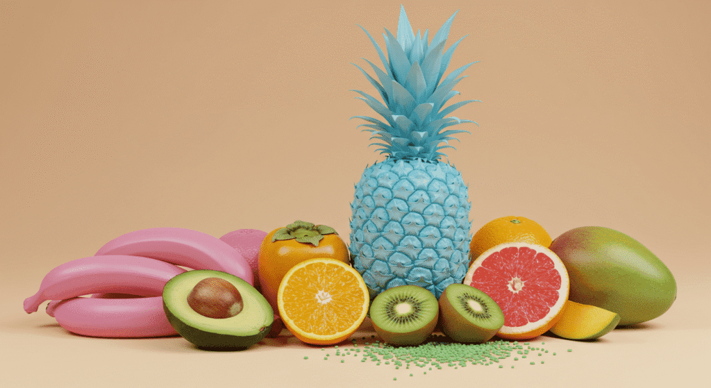 ¿Qué son los alimentos transgénicos y cómo afectan nuestra salud? 6 Bodegón de frutas variadas con colores inusuales, incluyendo plátanos rosas y una piña azul, dispuestas sobre un fondo marrón claro.