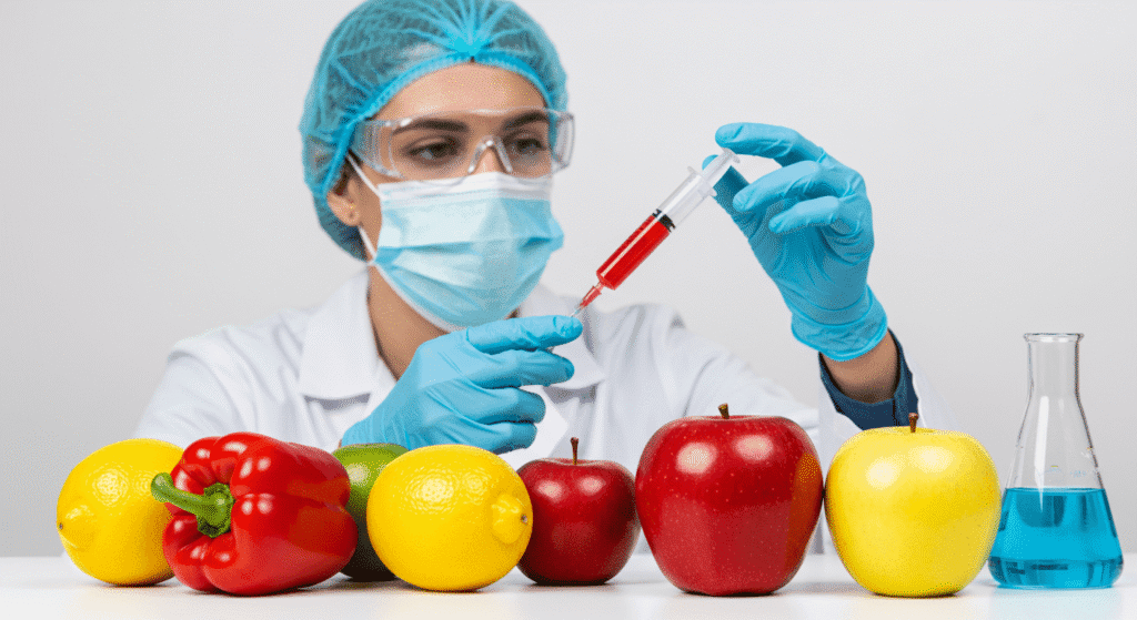 ¿Qué son los alimentos transgénicos y cómo afectan nuestra salud? 4 Científica en laboratorio sostiene una jeringa sobre fila de frutas coloridas (limones, pimiento, manzanas), concepto de investigación alimentaria o modificación genética.