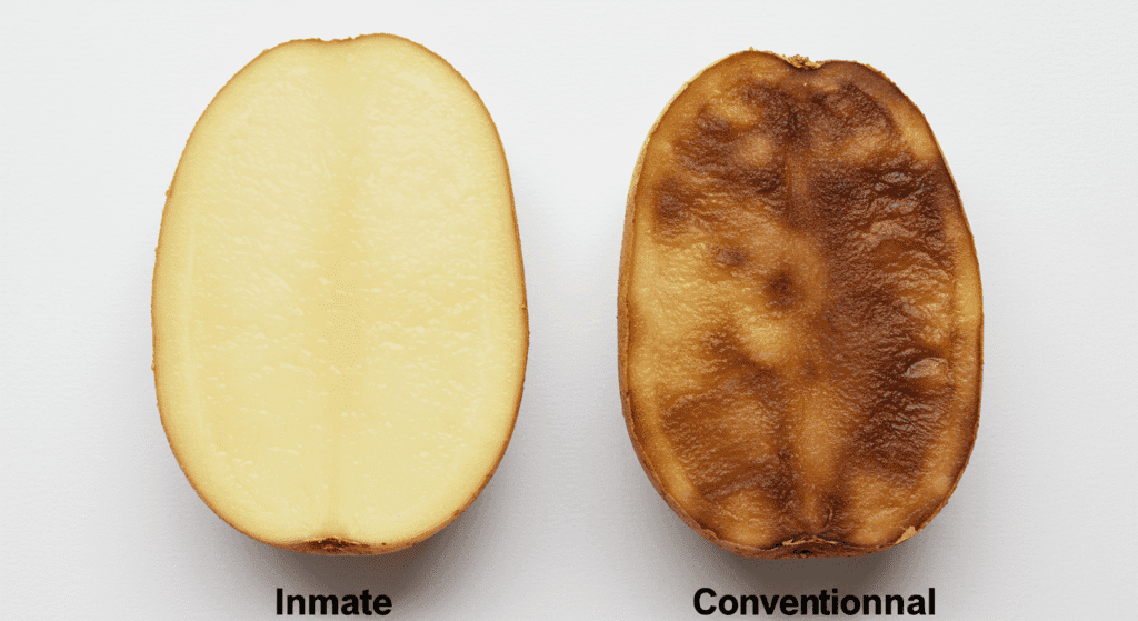 ¿Qué son los alimentos transgénicos y cómo afectan nuestra salud? 5 Comparación de dos mitades de patata, una etiquetada como "Innate" (blanca y sana) y otra como "Conventionnal" (marrón y en mal estado), mostrando la diferencia en su estado y apariencia.