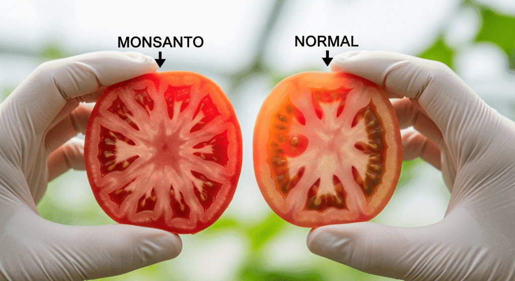 ¿Qué son los alimentos transgénicos y cómo afectan nuestra salud? 3 Comparación visual de dos mitades de tomate, una etiquetada como "Monsanto" con un color rojo intenso y otra como "Normal" con un color más claro, mostrando las diferencias en su apariencia interna