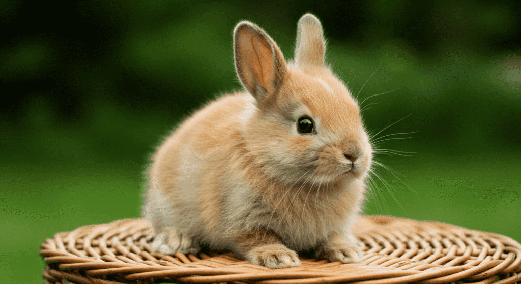 Conejo sobre una cesta de mimbre. Animal doméstico, mascota.