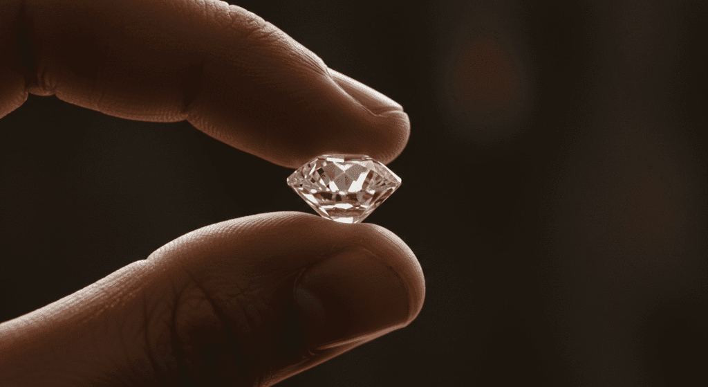 ¿De dónde vienen los diamantes? Todo sobre su formación y valor 7 "Diamante sostenido entre dos dedos. Joya de lujo con facetas brillantes, resaltando su claridad. Imagen para accesibilidad web. Palabras clave: diamante, joya, lujo, dedos, sostenido, claridad."