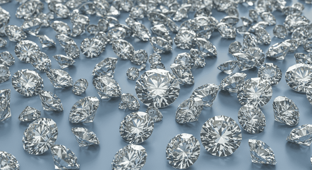 ¿De dónde vienen los diamantes? Todo sobre su formación y valor 2 "Montón de diamantes brillantes sobre superficie azul claro. Joyas de lujo con múltiples facetas reflejando la luz. Imagen de accesibilidad para personas con discapacidad visual. Palabras clave: diamantes, joyas, lujo, brillo, piedras preciosas."