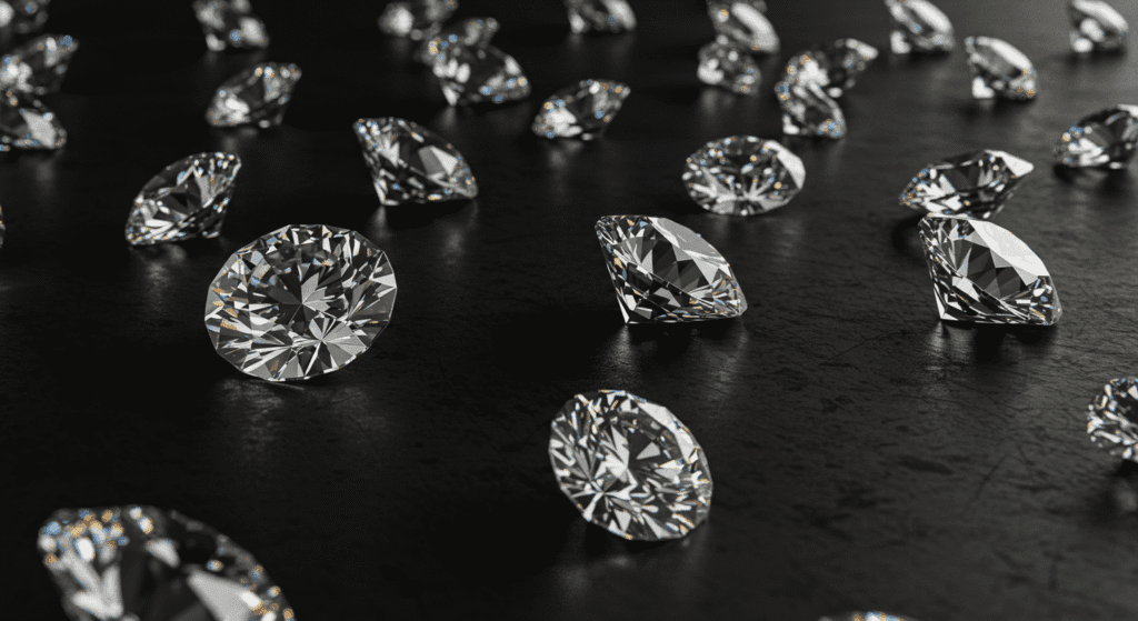 ¿De dónde vienen los diamantes? Todo sobre su formación y valor 3 "Diamantes brillantes dispersos sobre un fondo negro texturizado. Joyas de lujo con facetas que reflejan la luz, resaltando su claridad y brillo. Imagen para accesibilidad web. Palabras clave: diamantes, joyas, lujo, fondo negro, piedras preciosas."