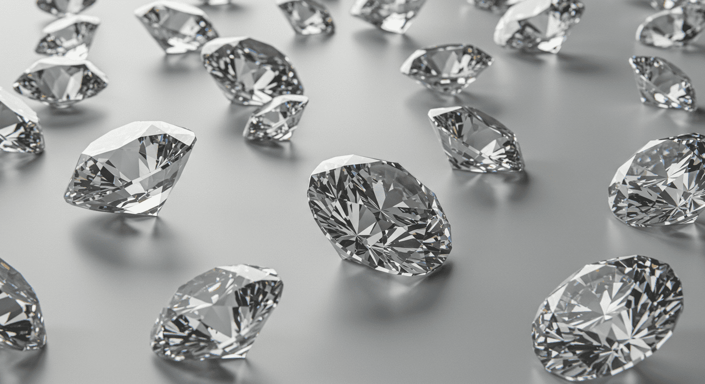 "Diamantes brillantes dispersos sobre fondo gris claro. Joyas talladas con múltiples facetas, reflejando luz. Imagen de accesibilidad para personas con discapacidad visual. Palabras clave: diamantes, joyas, brillo, lujo."
