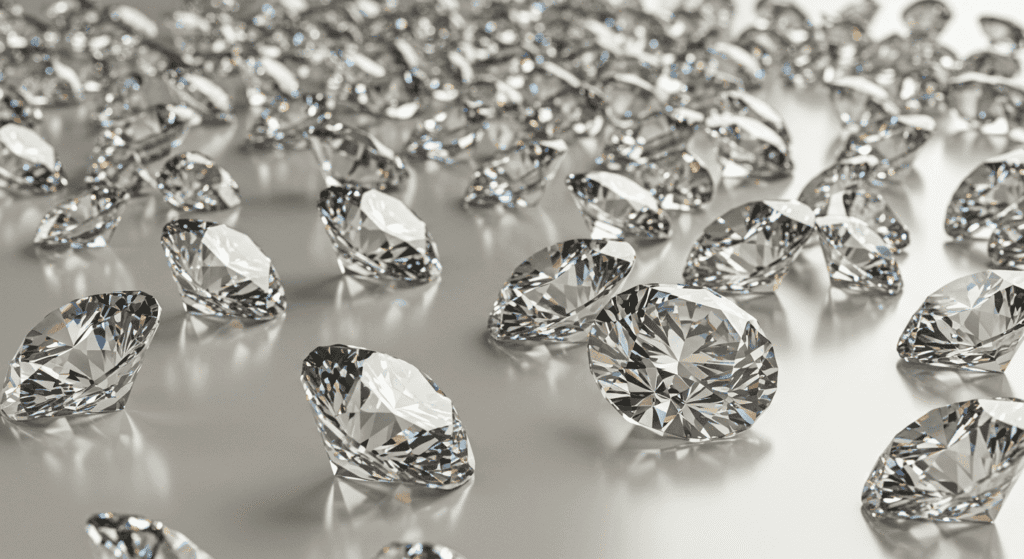¿De dónde vienen los diamantes? Todo sobre su formación y valor 4 "Gran cantidad de diamantes brillantes dispersos sobre una superficie reflectante clara. Joyas de lujo con múltiples facetas, reflejando luz y creando un efecto deslumbrante. Imagen para accesibilidad web. Palabras clave: diamantes, joyas, lujo, piedras preciosas, brillo."