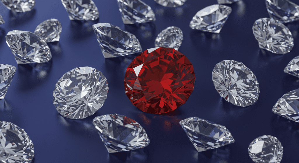 ¿De dónde vienen los diamantes? Todo sobre su formación y valor 5 "Diamantes blancos y una gema roja sobre fondo azul oscuro. Joyas de lujo, incluyendo un diamante rojo o rubí. Imagen para accesibilidad web. Palabras clave: diamantes, joya roja, lujo, piedras preciosas, claridad."