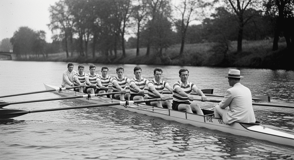 Curiosidades sorprendentes sobre Stephen Hawking que probablemente no conocías 4 Equipo de remo en blanco y negro navegando por un río. Imagen histórica de un deporte clásico en un entorno natural.