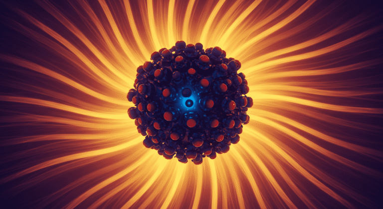 Imagen abstracta de esfera molecular azul y roja con fondo de líneas onduladas naranjas y moradas. Representación visual de ciencia, átomos y energía.