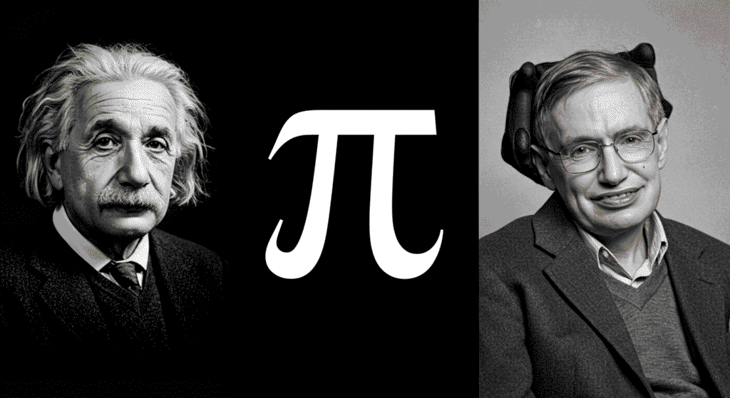 Curiosidades sorprendentes sobre Stephen Hawking que probablemente no conocías 5 Composición en blanco y negro que celebra la genialidad científica. Incluye retratos de Albert Einstein y Stephen Hawking, con el símbolo matemático Pi en el centro.