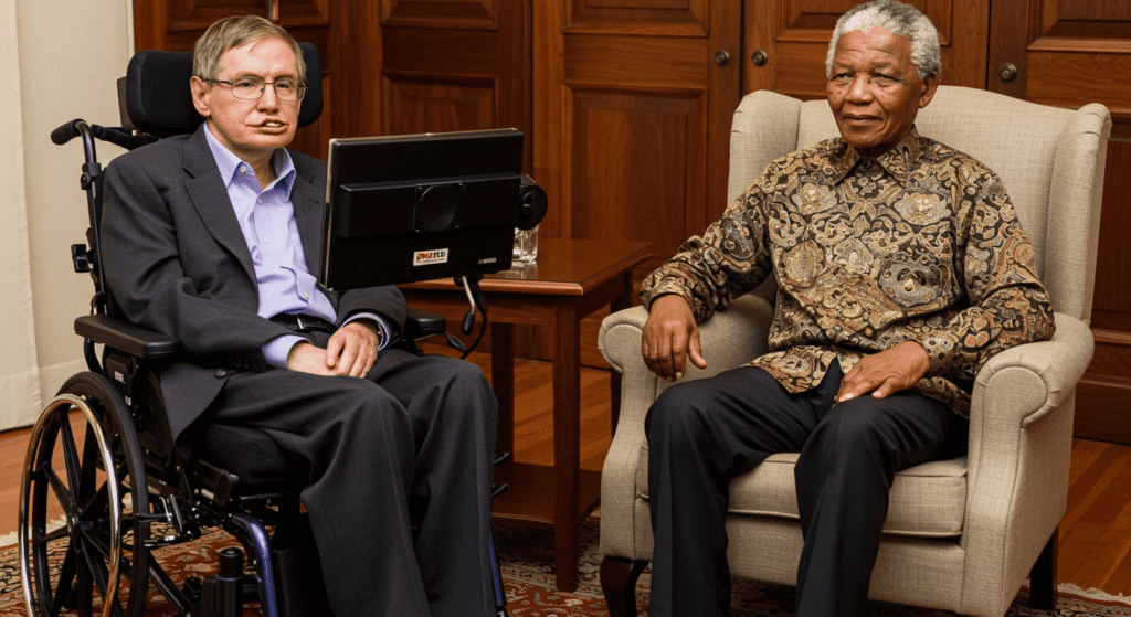 Curiosidades sorprendentes sobre Stephen Hawking que probablemente no conocías 2 Encuentro histórico entre Stephen Hawking y Nelson Mandela. Dos figuras icónicas sentadas juntas, representando ciencia, lucha y liderazgo.