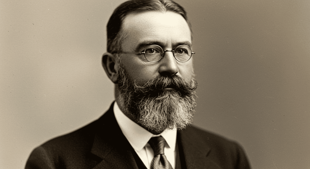 Retrato antiguo en blanco y negro de hombre con gafas y bigote con barba. Imagen histórica de personaje ilustre para contenido educativo o biográfico.

