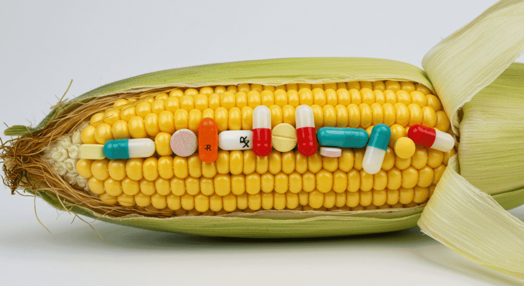 ¿Qué son los alimentos transgénicos y cómo afectan nuestra salud? 7 Maíz con píldoras y cápsulas incrustadas, representando la manipulación genética de alimentos o la integración de medicamentos en la agricultura.