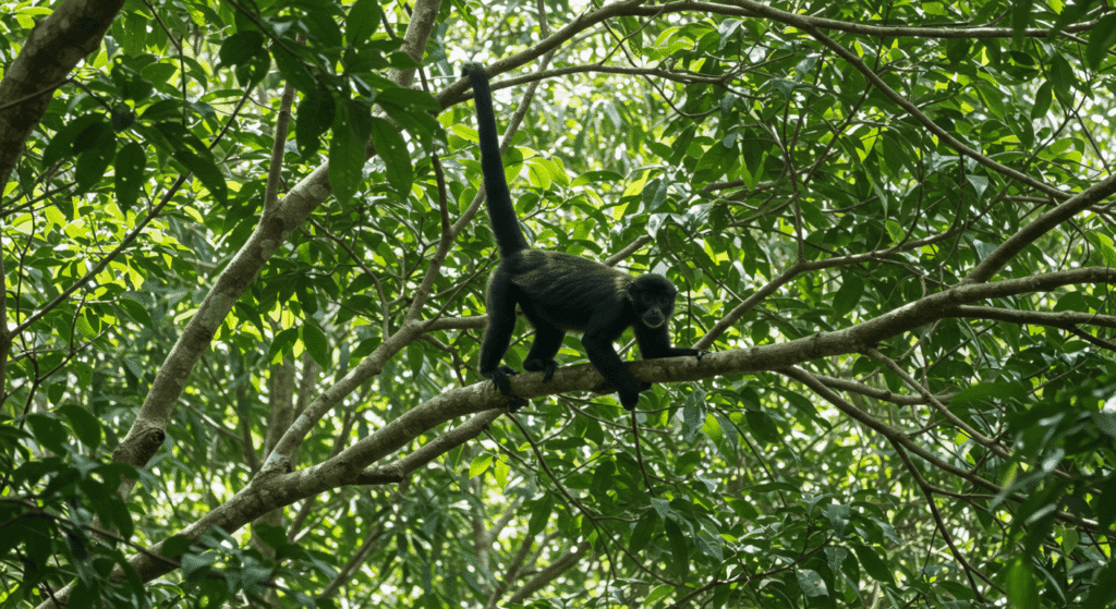 Mono colgado de una rama en un árbol. Primate en la selva tropical.