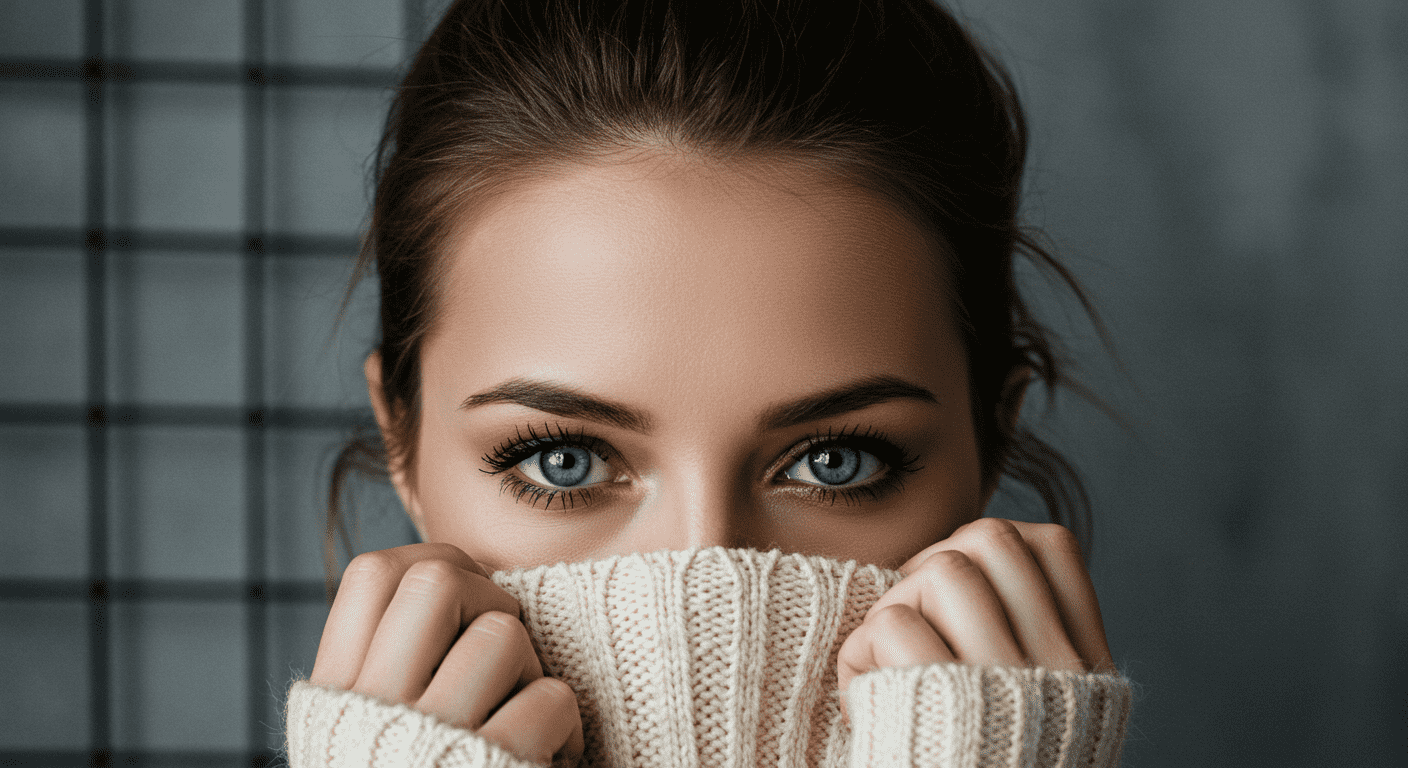 Mujer con ojos azules cubriendo su rostro con un suéter. Retrato de mirada penetrante.