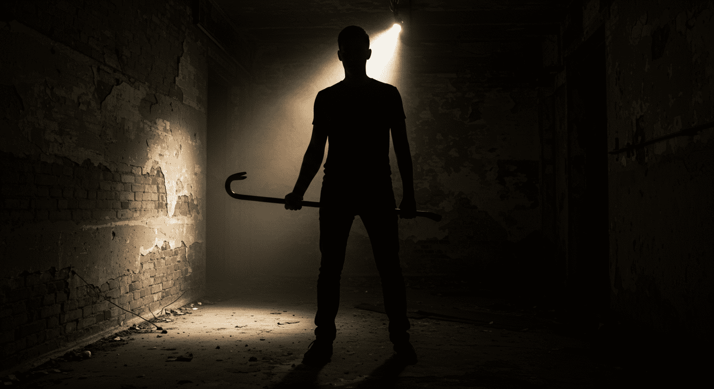 Figura sombría con palanca en ambiente oscuro. Imagen de crimen y peligro.