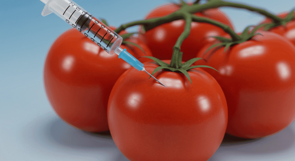 ¿Qué son los alimentos transgénicos y cómo afectan nuestra salud? 2 Imagen de primeros planos muestra una jeringa inyectando un tomate rojo maduro en una planta de tomates, concepto de modificación genética o mejora de cultivos.