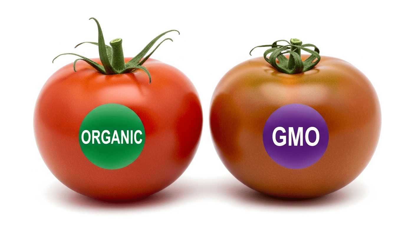 Dos tomates contrastantes sobre fondo blanco, uno etiquetado como "Orgánico" con un color rojo brillante y el otro como "GMO" (Organismo Modificado Genéticamente) con un tono rosado, destacando las diferencias entre la producción orgánica y la genéticamente modificada