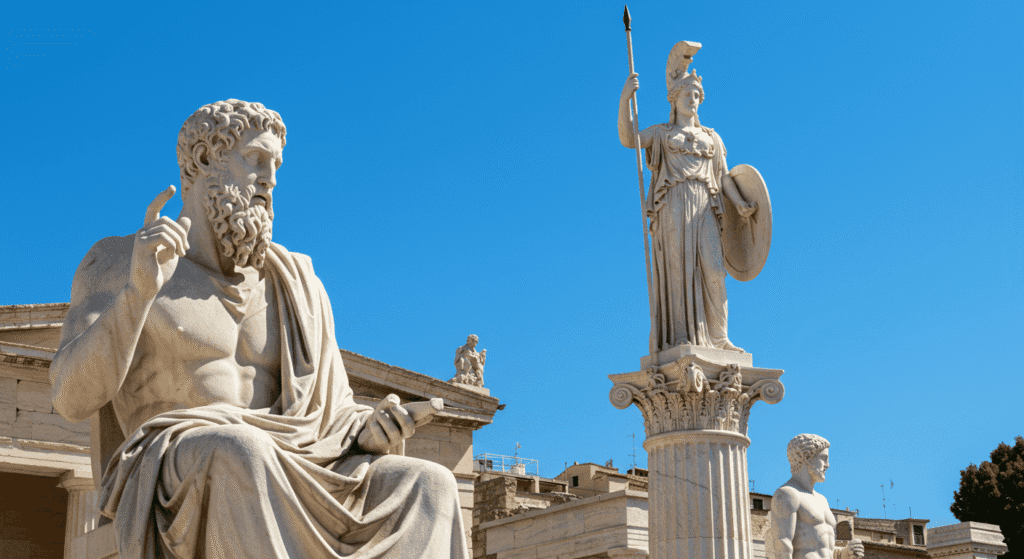 Estatua de mármol blanco de Platón y Atenea contra un cielo azul. Representación de la filosofía y la mitología griega. Fotografía ideal para temas de historia, cultura y arte clásico.