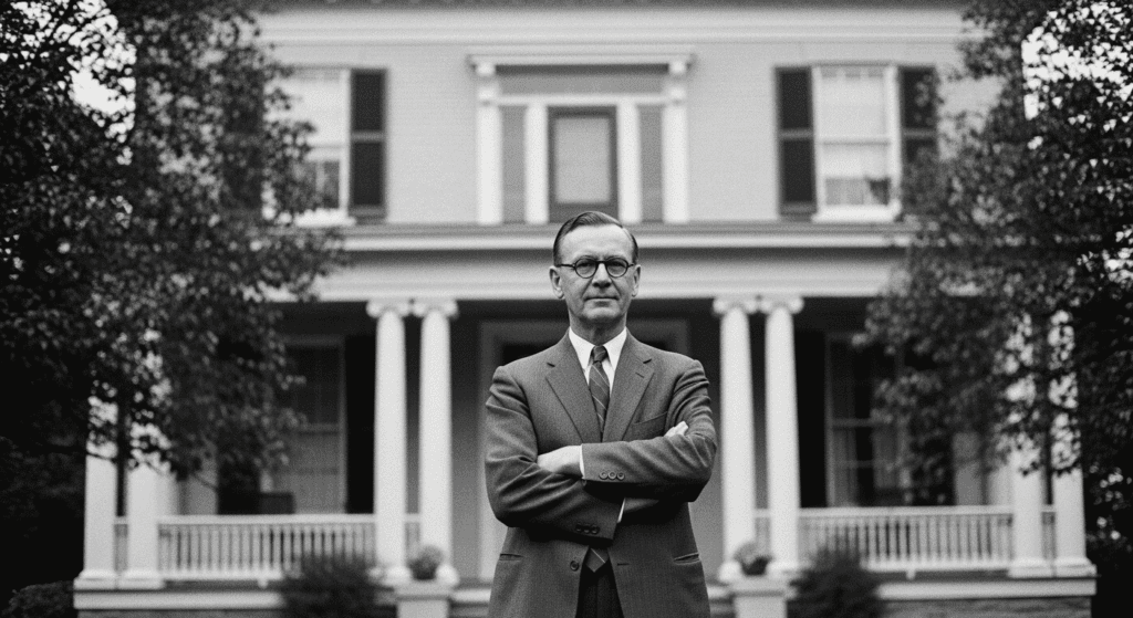 Fotografía en blanco y negro de un hombre con traje frente a una casa de estilo clásico americano. Imagen vintage ideal para representar historia, arquitectura y retratos antiguos.