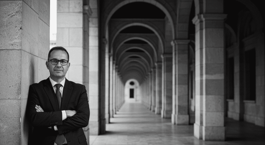 Retrato en blanco y negro de un hombre elegante frente a una columnata. Fotografía arquitectónica con un toque clásico. Ideal para temas de historia, arquitectura y retratos formales.