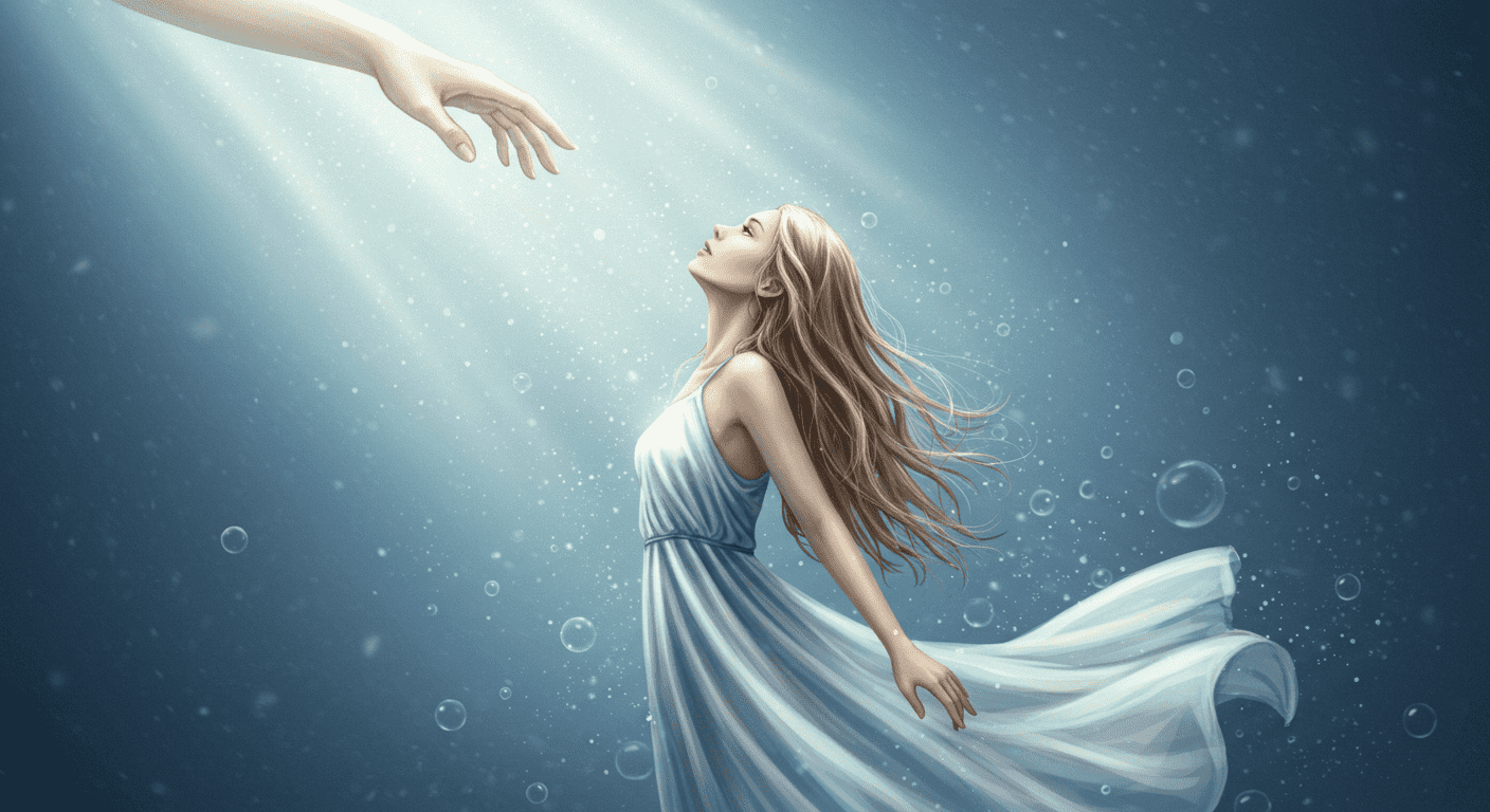 Imagen de una mujer vestida de blanco recibiendo luz divina con serenidad. Representación de espiritualidad, esperanza y conexión con lo trascendente. Ideal para temas de bienestar, inspiración y arte celestial.