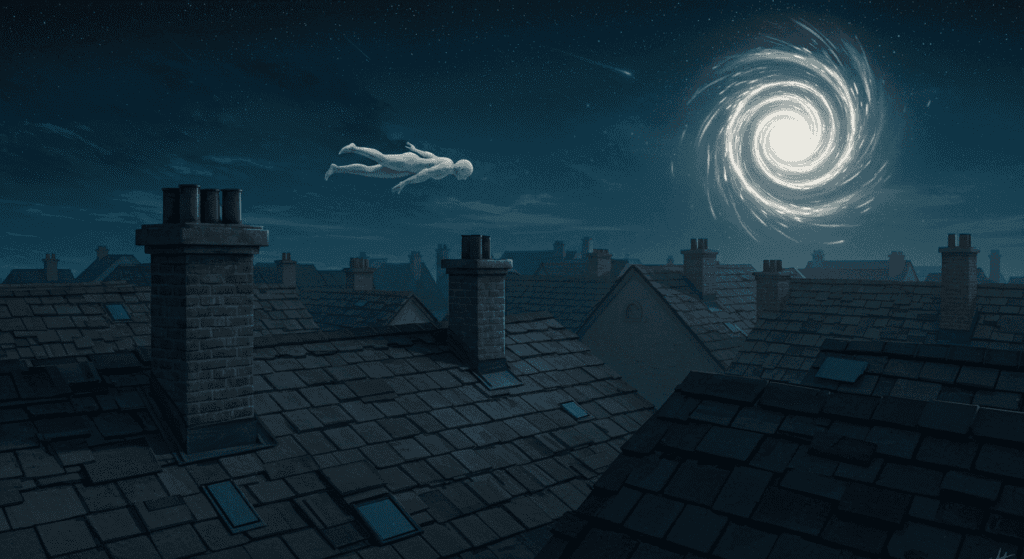 Imagen de noche con tejados antiguos y una figura fantasmal flotando hacia un vórtice de luz. Escena onírica con elementos de misterio y viaje dimensional. Ideal para temas de ciencia ficción y fantasía.