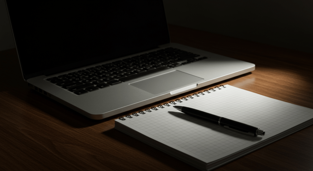 Cómo Elegir un Buen Ordenador Portátil para Casa: Guía Práctica 4 Ordenador portátil plateado con libreta y bolígrafo sobre un escritorio de madera. Espacio de trabajo moderno para la creatividad y la productividad. Ideal para blogs de trabajo remoto, diseño y organización.