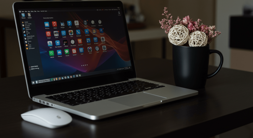 Cómo Elegir un Buen Ordenador Portátil para Casa: Guía Práctica 3 Ordenador portátil, ratón inalámbrico y taza con adornos sobre un escritorio de madera. Espacio de trabajo acogedor y moderno. Ideal para blogs de diseño, tecnología y estilo de vida.