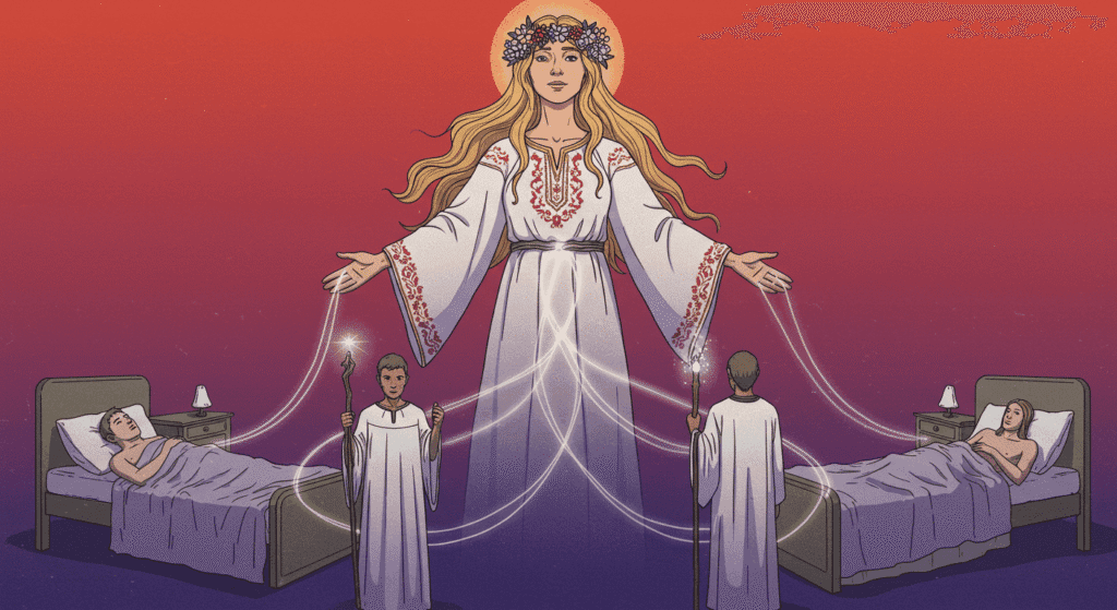 Ilustración colorida con una figura femenina central irradiando luz y energía hacia personas en sus camas. Representación de protección espiritual y sanación. Ideal para temas de misticismo, bienestar y arte esotérico.
