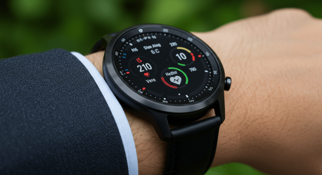 Cómo Elegir un Smartwatch: Guía Para Encontrar el Ideal 3 Reloj inteligente negro en la muñeca de un hombre con traje. La pantalla muestra datos de actividad física y fecha. Ideal para reseñas de smartwatches y tecnología wearable.