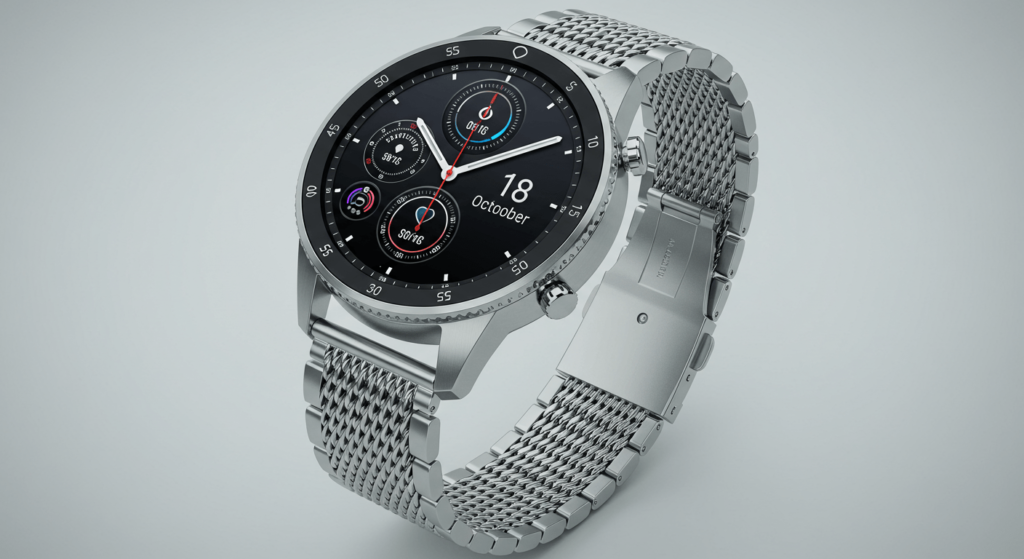Cómo Elegir un Smartwatch: Guía Para Encontrar el Ideal 1 Reloj inteligente plateado con pantalla analógica y correa de metal. Diseño elegante para tecnología wearable. Perfecto para tiendas online de relojes y accesorios de moda.