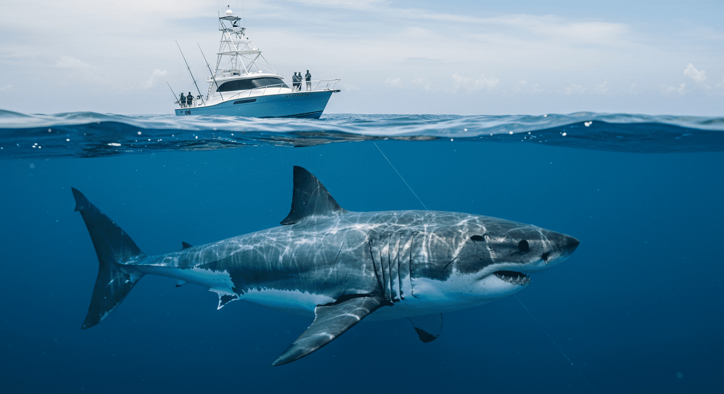 "Imagen submarina de un gran tiburón blanco nadando bajo un barco de pesca. Escena marina con depredador, barco de pescadores y mar azul. Accesibilidad web y SEO."