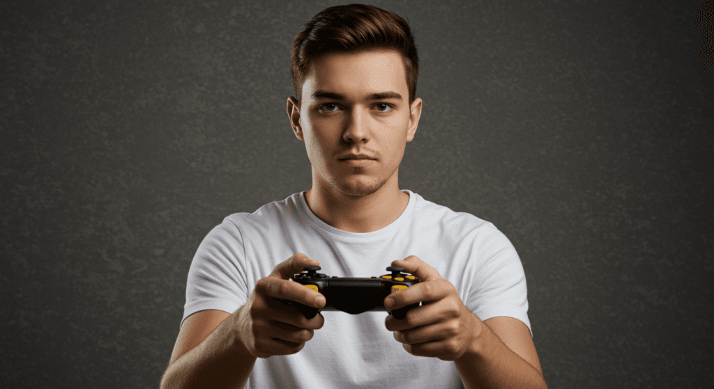 Tennis for Two: Cómo un Experimento Científico Dio Vida a los Videojuegos 6 Joven jugando videojuegos con un mando negro y botones amarillos. Retrato con fondo gris texturizado. Ideal para contenido relacionado con videojuegos y entretenimiento juvenil.