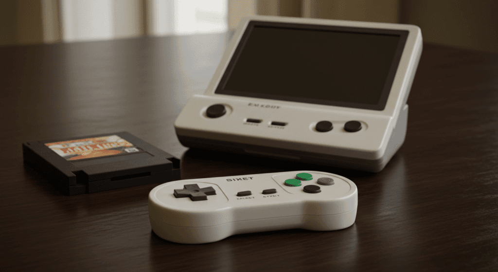 Tennis for Two: Cómo un Experimento Científico Dio Vida a los Videojuegos 1 Imagen de un dispositivo de videojuegos retro con consola portátil blanca y negra apoyada sobre una base. En primer plano, un mando blanco con cruceta direccional negra y botones de colores, junto a un cartucho de juego negro. Fotografía con tono sepia que evoca la nostalgia de los videojuegos clásicos. Ideal para blog de videojuegos antiguos y coleccionismo.