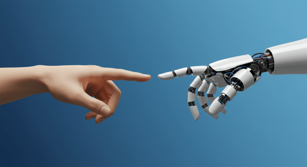 GPT-3 Explicado: De Dónde Viene y Qué Nos Espera en el Futuro 3 Dedo humano tocando dedo robótico. Imagen conceptual sobre la conexión entre humanos y máquinas, la inteligencia artificial y el futuro de la tecnología. Fondo azul degradado.