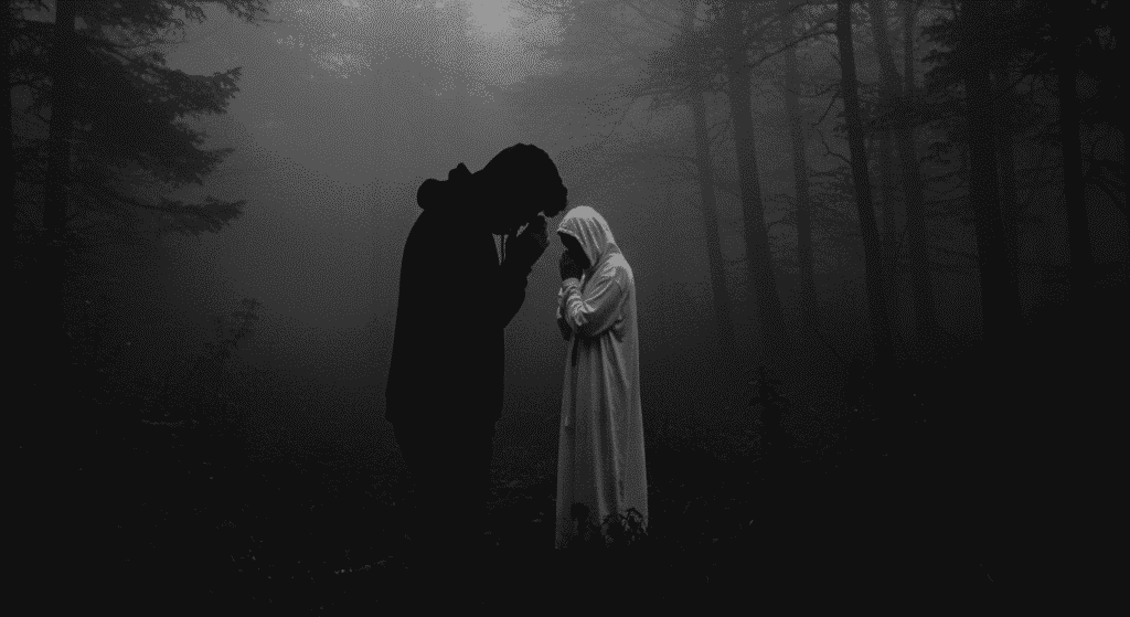 Hombre rezando en la oscuridad, en primer plano