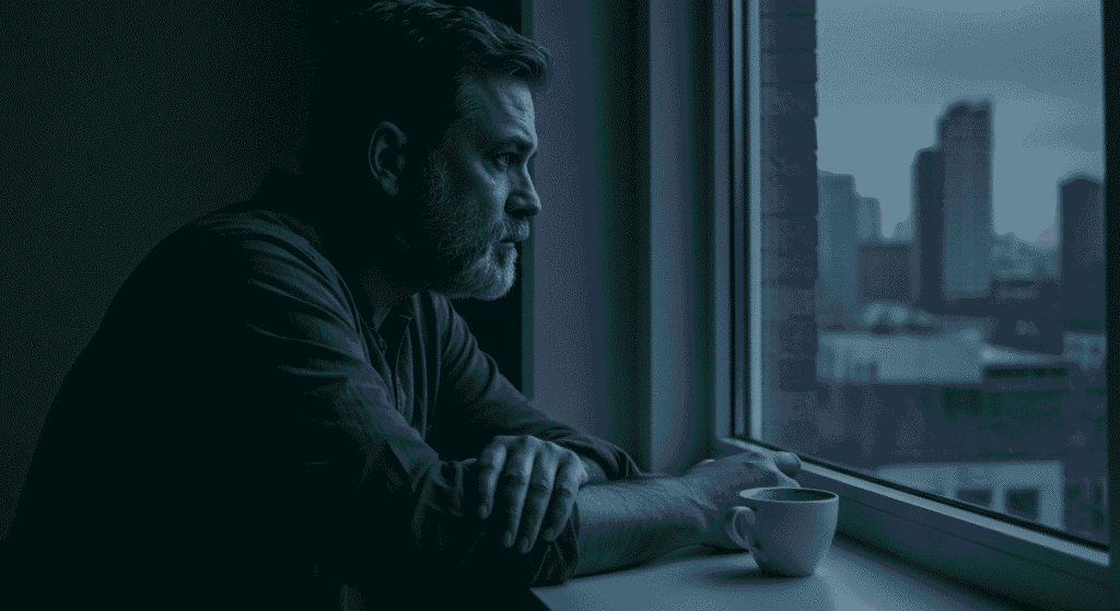 Hombre maduro mirando por la ventana con expresión pensativa.