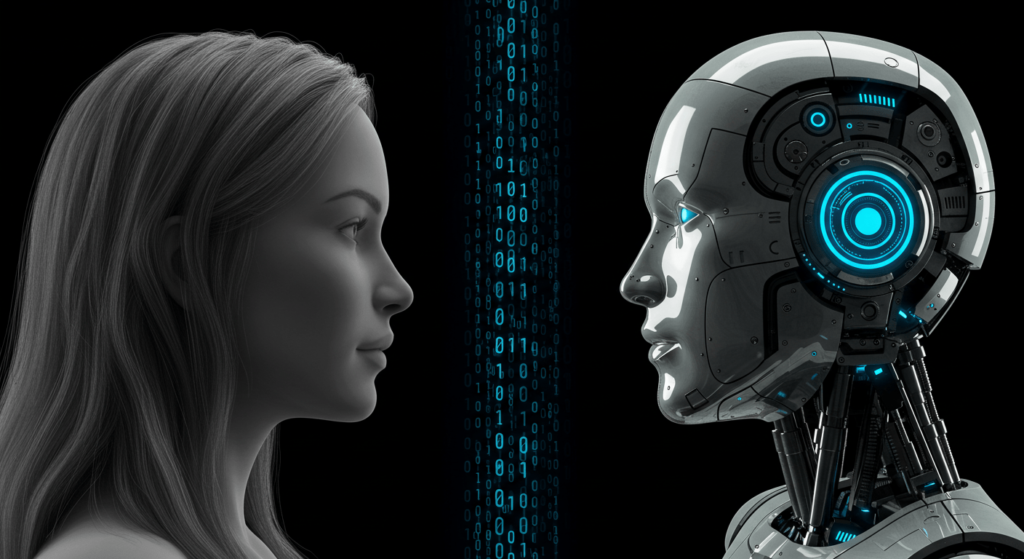 GPT-3 Explicado: De Dónde Viene y Qué Nos Espera en el Futuro 4 Imagen conceptual con una mujer en escala de grises frente a un robot metálico, separados por código binario azul. Representación de la interacción entre humanos e inteligencia artificial.