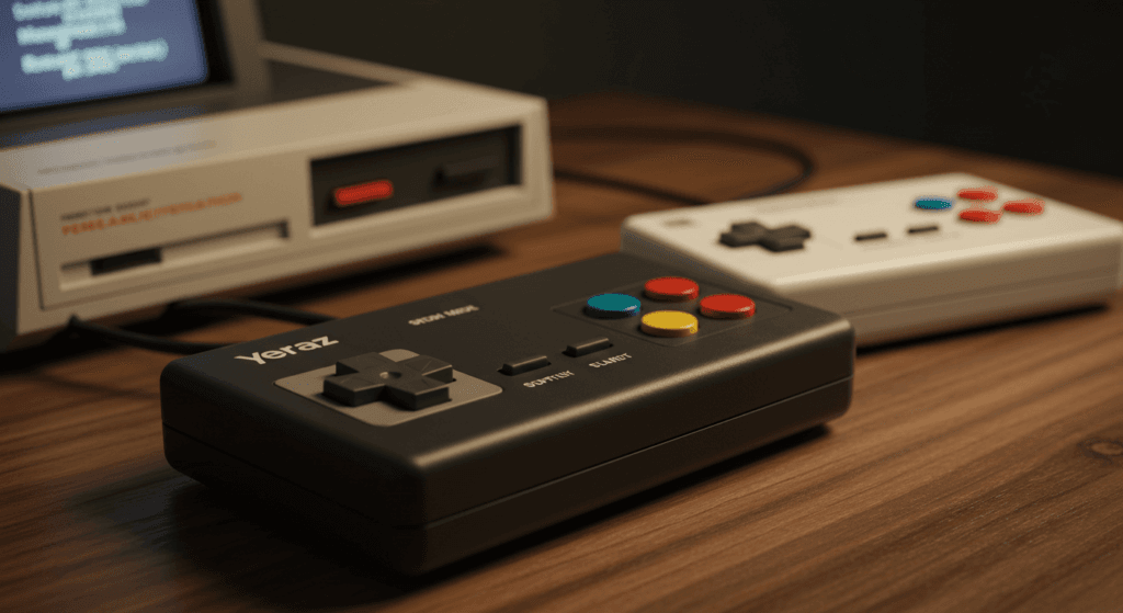 Tennis for Two: Cómo un Experimento Científico Dio Vida a los Videojuegos 3 Primer plano de dos mandos de videojuegos vintage sobre una mesa de madera oscura. Un mando negro en primer plano con botones de colores y la inscripción "Yeraz", y un mando blanco de estilo retro al fondo. Ideal para coleccionistas y amantes de los videojuegos clásicos.