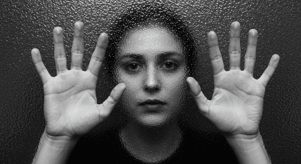 Manos presionadas contra vidrio, rostro borroso detrás. Imagen de desesperación