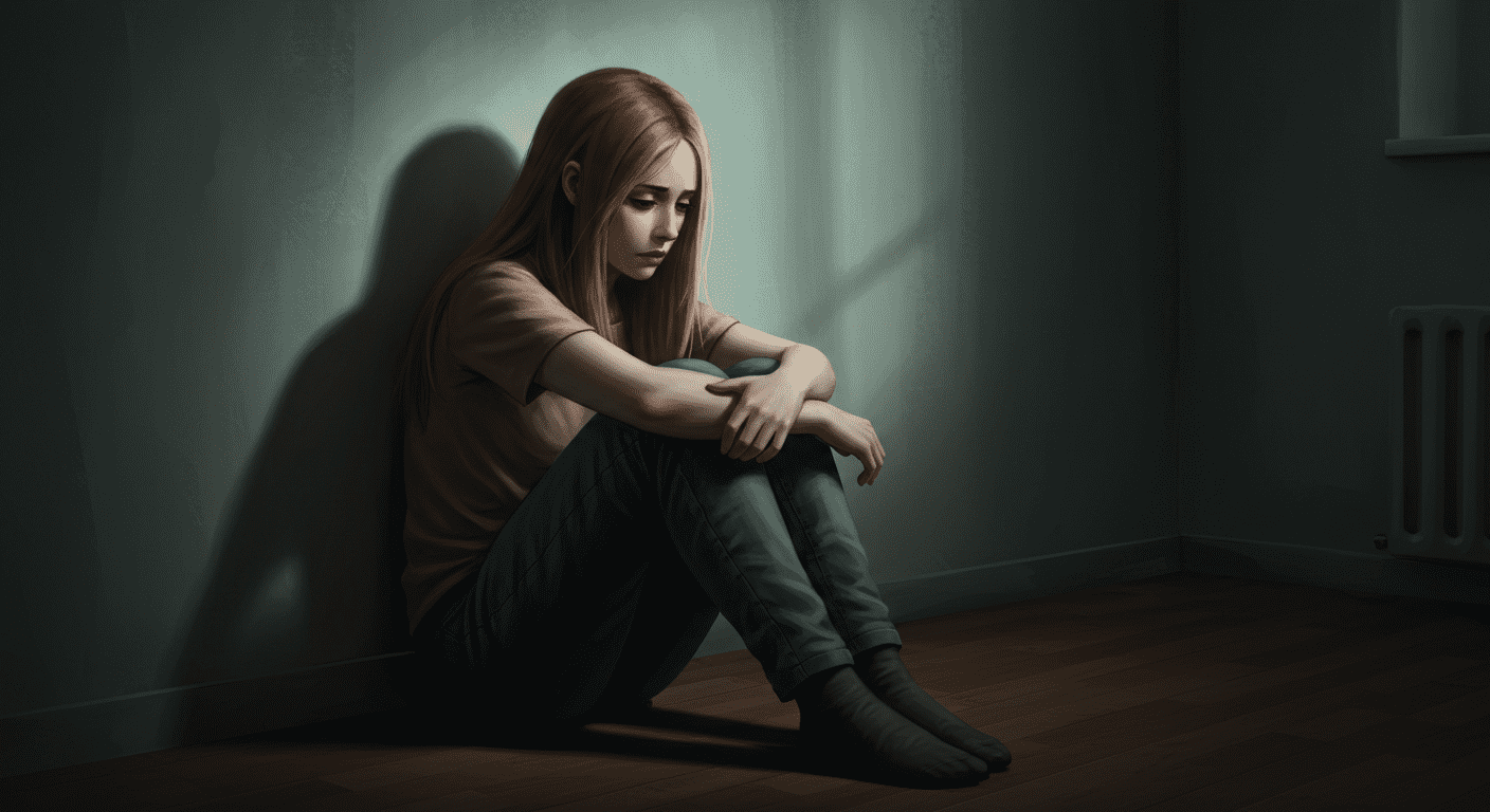 Mujer joven sentada en el suelo con expresión triste.