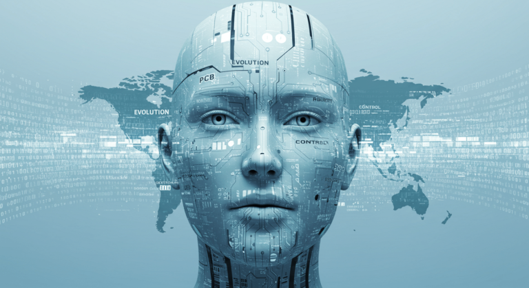 Representación visual de inteligencia artificial con rostro humanoide y circuitos electrónicos. Mapa mundial superpuesto y código binario fluyendo. Concepto de tecnología avanzada y globalización digital.