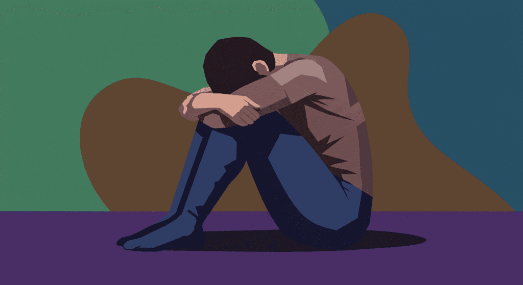 Ilustración minimalista de persona acurrucada, con colores planos
