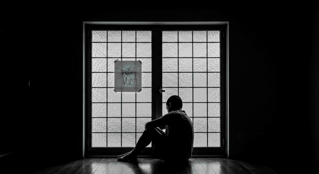 Persona sentada frente a ventana con dibujo, en blanco y negro